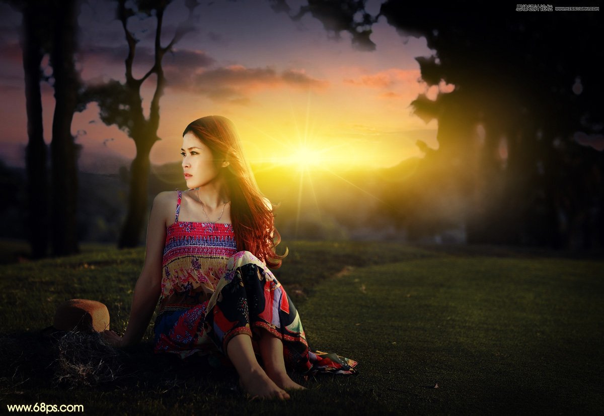 Photoshop给外景草地美女添加夕阳光效效果