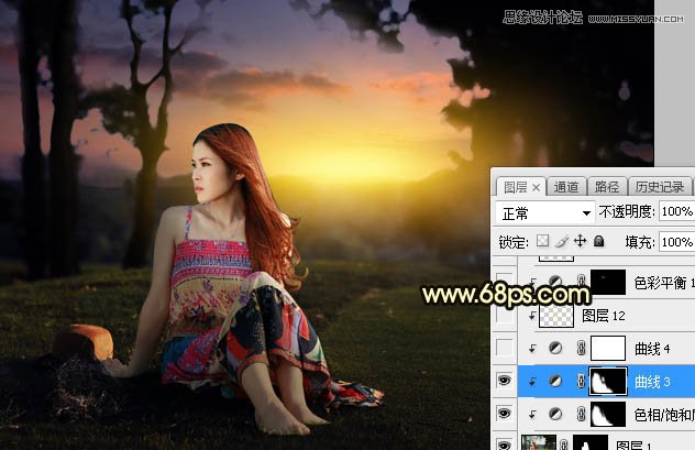 Photoshop给外景草地美女添加夕阳光效效果