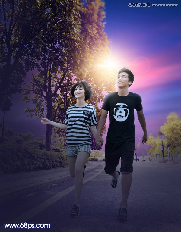 Photoshop给情侣外景照片添加落夕阳景色