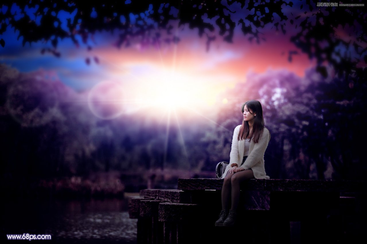 Photoshop给河边美女人像添加梦幻紫色效果