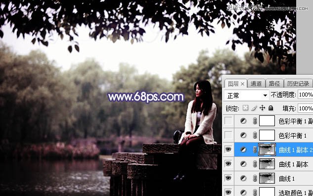 Photoshop给河边美女人像添加梦幻紫色效果