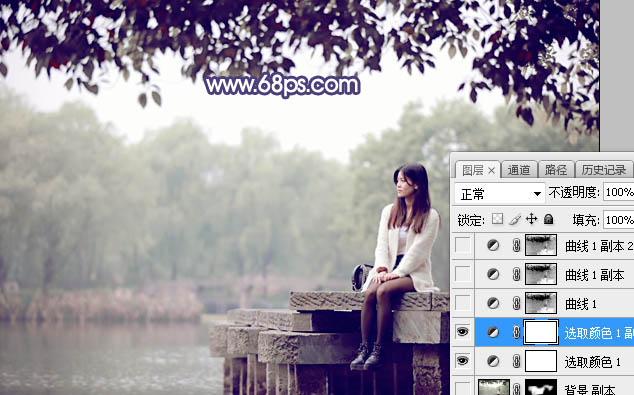 Photoshop给河边美女人像添加梦幻紫色效果