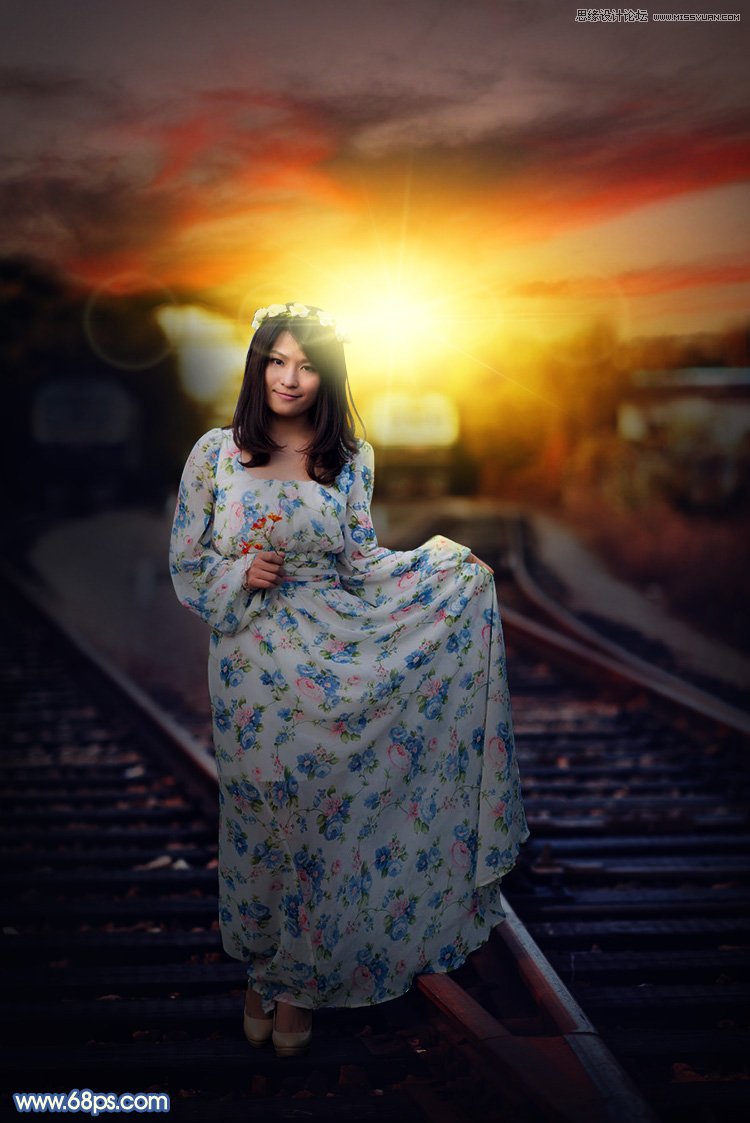 Photoshop给铁轨外景人像添加夕阳黄昏景色