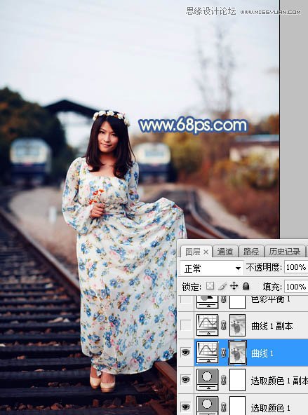 Photoshop给铁轨外景人像添加夕阳黄昏景色