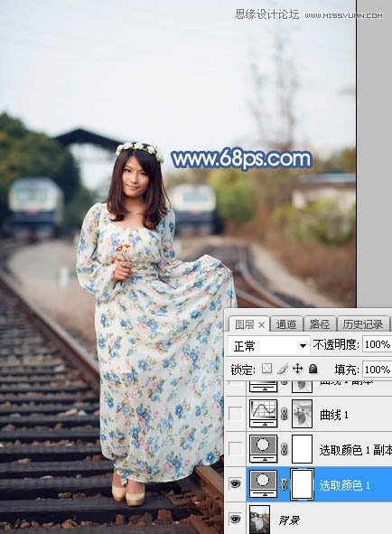 Photoshop给铁轨外景人像添加夕阳黄昏景色