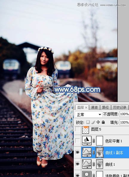 Photoshop给铁轨外景人像添加夕阳黄昏景色