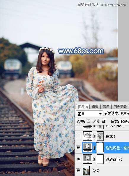 Photoshop给铁轨外景人像添加夕阳黄昏景色