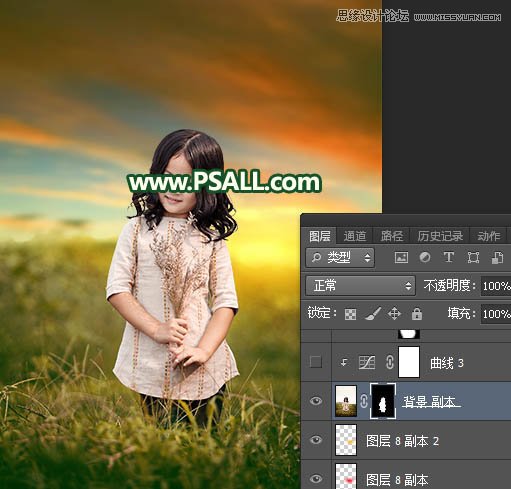 Photoshop给外景儿童照片添加唯美的夕阳美景