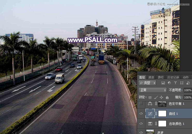 Photoshop给城市公路照片添加唯美日落效果