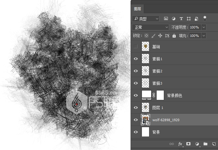 Photoshop给狼头照片添加素描铅笔画效果