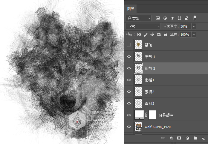Photoshop给狼头照片添加素描铅笔画效果