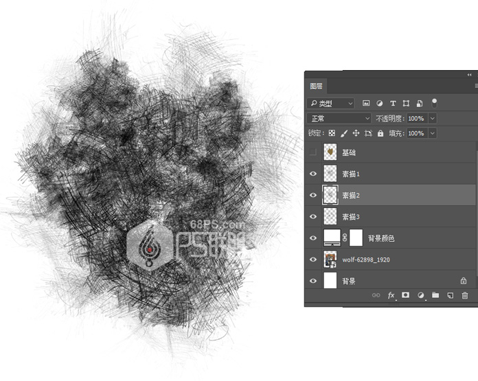 Photoshop给狼头照片添加素描铅笔画效果