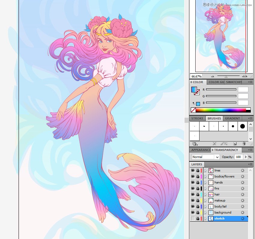 Illustrator绘制唯美的水彩美人鱼插图