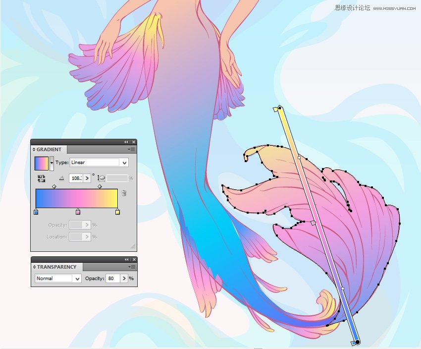 Illustrator绘制唯美的水彩美人鱼插图