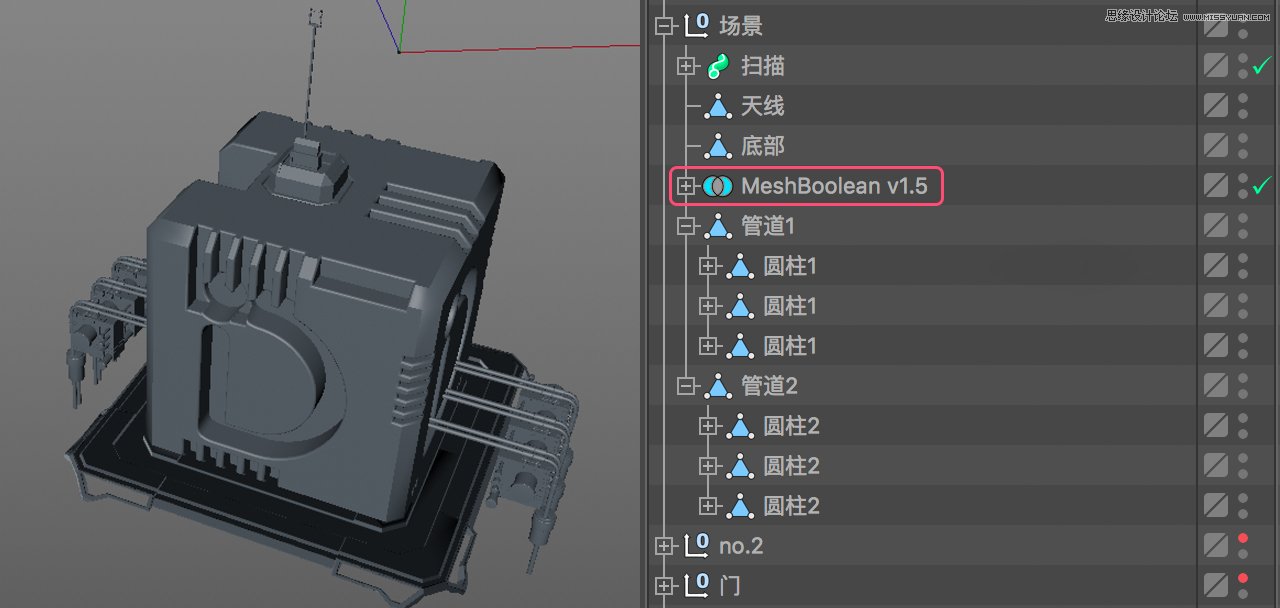 C4D教程：高级渲染技巧之卡通场景,PS教程   width="1280" height="1200" src="http://www.missyuan.net/uploads/allimg/190223/16093M4E-13.jpg" /></p><p>机械飞船：通过布尔做出“1”，使用克隆，模式选择放射做出“2”，重复“1、2”步骤，做出“3”，“4”为步骤参考图。</p><img alt=