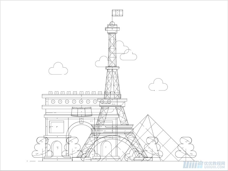 Illustrator制作卡通风格的法国建筑图