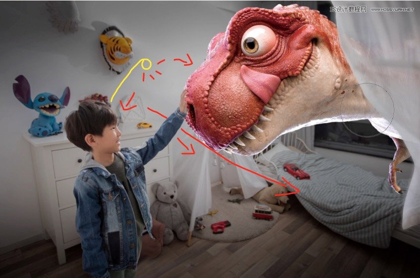 Photoshop合成房间里抚摸恐龙头的小男孩