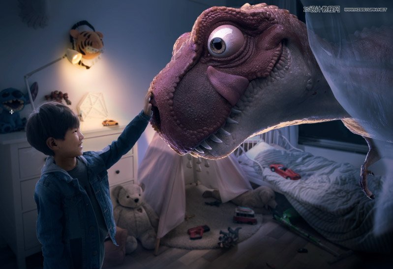Photoshop合成房间里抚摸恐龙头的小男孩